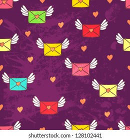 Seamless pattern with post letters. Love mail. Copy square to the side and you'll get seamlessly tiling pattern which gives the resulting image ability to be repeated or tiled without visible seams.