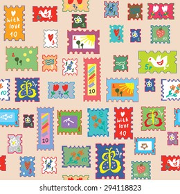 Seamless pattern with post stamps - funny childish  bright design 