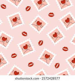 Seamless pattern with postage stamp and kiss, lip print. Valentine's Day. Love, romance, relationships. Vector illustration