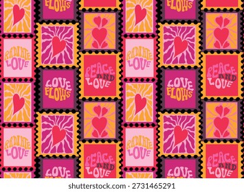 Nahtloses Muster mit Briefmarken mit Herzsymbolen und romantischer Typografie. Groovige Aufkleber im Stil der 70er Jahre mit Zitaten aus "Love Flows", "Radiate Love" und "Peace and Love". Bunte Vintage-Postelemente mit psychedelischen Wellenmustern für Valentinstag-Designs, Grußkarten und Scrapbooking.