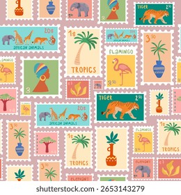 Padrão contínuo de selos postais com plantas tropicais e animais. Adesivo de endereçamento estilo retro. Vetor.