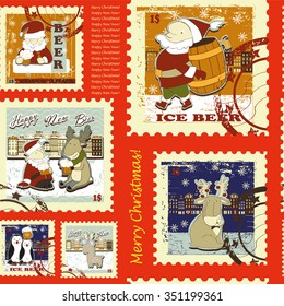 Seamless pattern with  postage stamps.Seamless pattern contains images of postage stamps for winter holiday's theme and text on red background.Winter holiday's style.