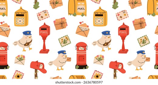 Seamless pattern with postal elements. Mailboxes, pigeon, letters, envelopes, stamps. Flat vector illustration.