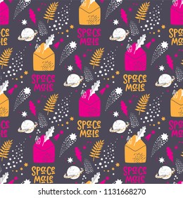 Seamless pattern with postal envelope and tropical leaves on the background of space stars and planets with the inscription Space mail. Vector illustration. For wrapping paper design, cards design
