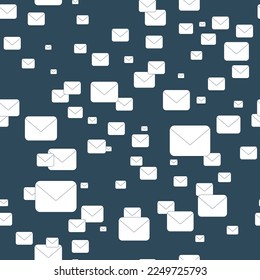 Seamless pattern with postal envelopes in a chaotic order on a dark background. Email symbol. Vector illustration