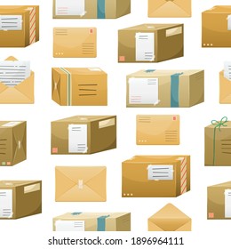 A seamless pattern with postal parceles in a boxes with a delivery address and envelopes. Mail delivery.