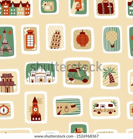 Seamless pattern of postal stamps. Travel labels and badges flat vector illustration on white background