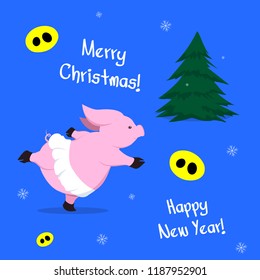 seamless pattern or postcard funny cartoon pig celebrating Christmas and New Year Vector Illustration