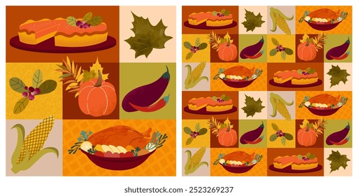 Seamless pattern, postcard, poster, cover of thanksgiving. Ornament with autumn elements and traditional dishes.