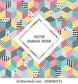 Seamless pattern postcards cubes 3d with textures-vector illustration. Banner prints for fabric 80s style Memphis.