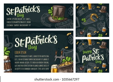 Seamless pattern and poster for beer party. Top hat, pot gold coins, pipe, glass, lyre, horseshoe, clover, barrel. St. Patrick's Day lettering. Vintage color vector engraving illustration on dark