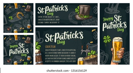 Seamless pattern and poster for beer party. Top hat, pot gold coins, pipe, glass, lyre, horseshoe, clover, barrel. St. Patrick's Day lettering. Vintage color vector engraving illustration on dark