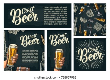 Seamless pattern and poster for beer party. Tap, class, barrel, can, bottle and hop. Craft Beer calligraphic lettering with rays. Vintage vector engraving illustration isolated on dark background