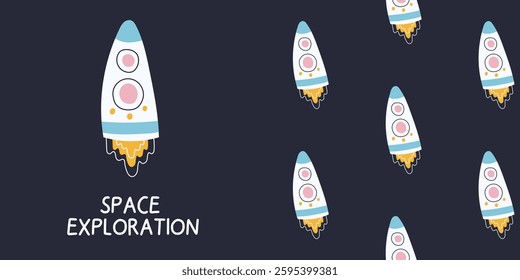 Seamless pattern and poster with a cosmic rocket. Hand-drawn vector illustration