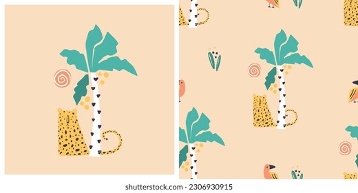 Seamless pattern  and poster with cute Jungle leopard. Hand drawn vector illustration. For kids