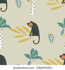 Seamless pattern  and poster with cute Jungle monckey. Hand drawn vector illustration. For kids