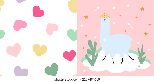 
Seamless pattern, poster. Dear lama, hearts. Festive packaging. Illustration for children's products, fabrics, packaging, wallpapers, pajamas.