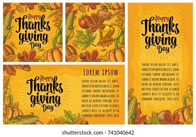 Seamless pattern and poster with Happy thanksgiving Day calligraphy lettering. Vector color engraving illustration pumpkin, corn, leaf maple, acorn, seed chestnut on yellow vintage background.