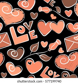 Seamless pattern poster, home decor and other, calligraphy on a black background. Vector seamless Handwritten lettering quote about love to Valentines day design in orange and brown colors.