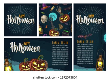 Seamless pattern and posters. Happy Halloween handwriting lettering. Bat, lamp, moon, witch hat, magic pot, pumpkin scary face. Vector color vintage engraving illustration on night sky background