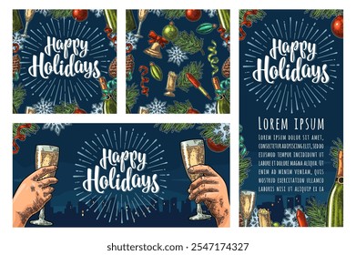 Seamless pattern and posters with Happy Holidays lettering. Champagne glass, bottle, serpentine, snowflake, pine cone, toy, fir branch. Vector vintage engraving on dark blue fond