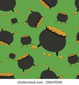 Seamless pattern with pot full of gold on green background. Vector illustration.