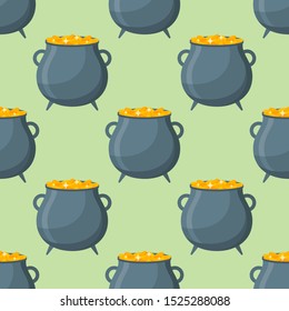 Seamless pattern with pot of gold coins on green background. Vector texture.