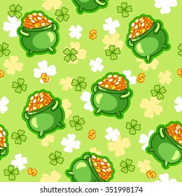 Seamless pattern with a pot of gold four-leaf clover and a dollar sign in green tones. The pattern for St. Patrick's Day. Vector illustration.