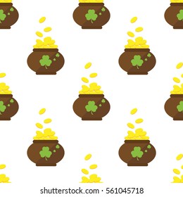 Seamless pattern with a pot of gold four-leaf clover and dollar sign. Pattern for St. Patrick's Day.