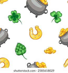 Seamless pattern with pot of gold, hops and clover leaves, golden horseshoe, for st. patrick's day