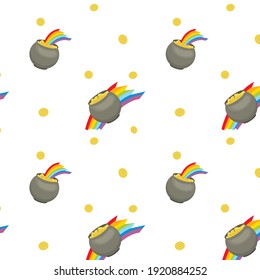 Seamless Pattern pot of gold St.Patrick, rainbow and coins. Wrapping holiday paper, print textile