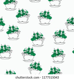 Seamless pattern with pot plants and green drops on white background. Hand drawn vector illustration.