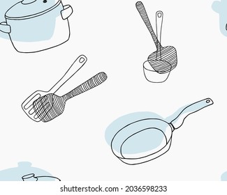 Seamless pattern with pot, spatula, ladle and frying pan on a light background. Kitchen vector illustration. Dishes hand drawn. Print design for wallpapers, fabrics, clothes, decor.