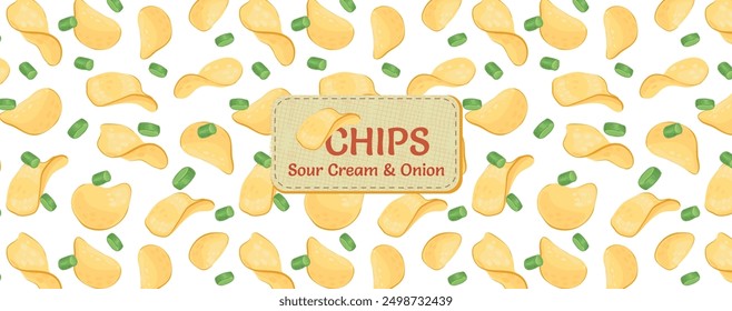 Patrón sin fisuras de papas fritas y cebollas verdes. Etiqueta de Vector para patatas fritas con crema agria y cebolla. Fondo para embalaje, publicidad, decoración.