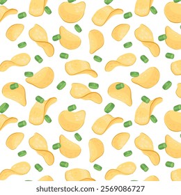 Seamless pattern of potato chips and green onions. Vector background of chips and onions. For snack packaging, fast food, decor, design and banners.