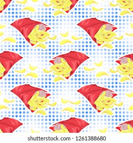 Seamless pattern with potato chips in red packs isolated on pop art background. Vector wallpaper. 