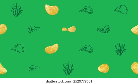 Seamless Pattern of Potato Chips and Seaweed on Green Background. design is perfect for food packaging, restaurant menus, snack advertisements, or any culinary themed project