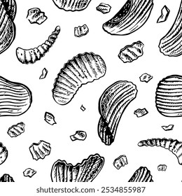 Seamless pattern with potato chips. Vector graphics with images of flat corrugated chips. Hand-drawn black and white illustrations. On a white background. Great for labels, banners, posters, packages.
