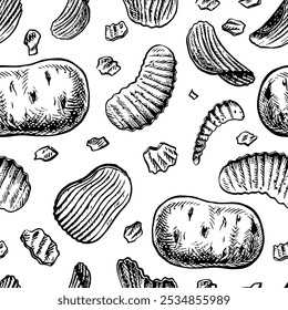 Seamless pattern of potato chips. Vector graphics with images of flat corrugated chips and potato tubers. Hand-drawn black and white illustrations. On a white background. Great for labels, packages.