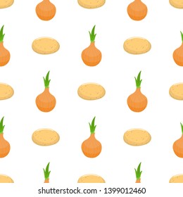 Seamless pattern with potato and onion vegetables. Organic food. Cartoon style. Vector illustration for design, web, wrapping paper, fabric, wallpaper.