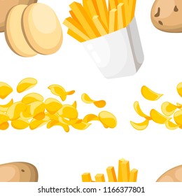 Seamless pattern. Potato products. French fries and chips. Potatoes fast food. Flat vector illustration on white background.