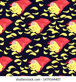 Seamless pattern with potato, tortilla chips in red snack packages isolated on dark background. Vector wallpaper. 