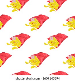 Seamless pattern with potato, tortilla chips in red snack packages isolated on white background. Fast food vector wallpaper.	