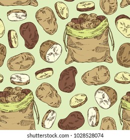 Seamless pattern with potatoes and bag with potatoes. Vector hand drawn illustration.