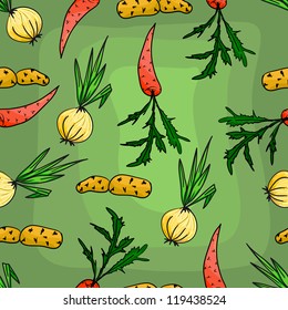 Seamless pattern with potatoes, carrots and onions.