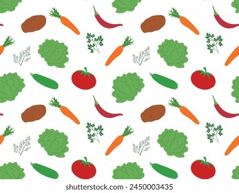 Seamless pattern with potatoes, carrots, various vegetables for preparing healthy food on a transparent background. Vector illustration for printing on T-shirts, tablecloths, wrapping paper, textiles