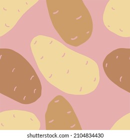 Seamless pattern with potatoes on a pink background. Vector illustration, hand drawing.