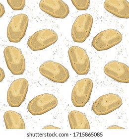 Seamless pattern with potatoes on a white background. Ripe potatoes. Vegetable background. Wallpaper, print, textile design, paper. Vector illustration.