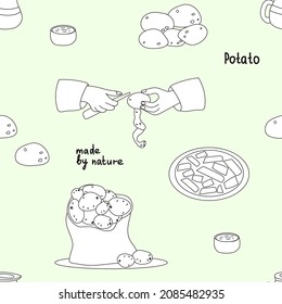 Seamless pattern of potatoes, a plate of potatoes, a bag of potatoes, butter, salt. For packaging, textiles, paper, website