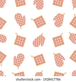 seamless pattern with potholder and mitt on white background, cute kitchen textile, vector illustration in cartoon simple flat style